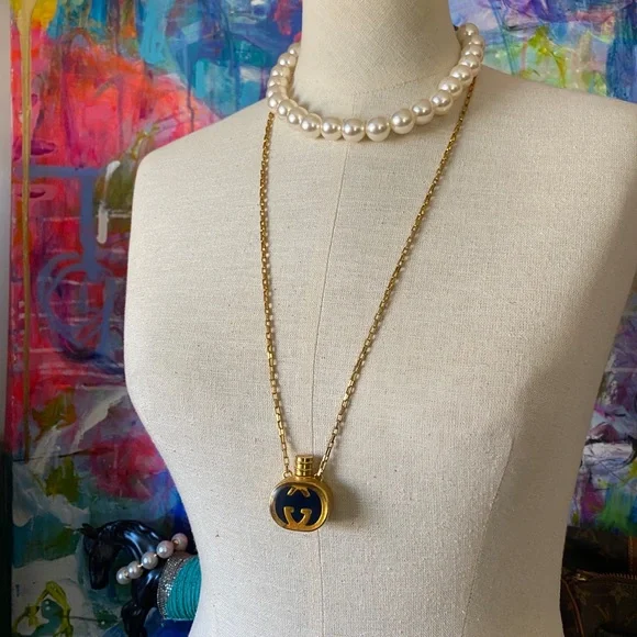 Rare Vintage GUCCI Perfume GG Pendant NECKLACE Statement Designer Jewelry